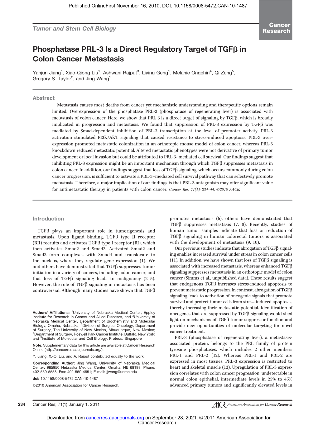 Phosphatase PRL-3 Is a Direct Regulatory Target of Tgfb in Colon Cancer Metastasis