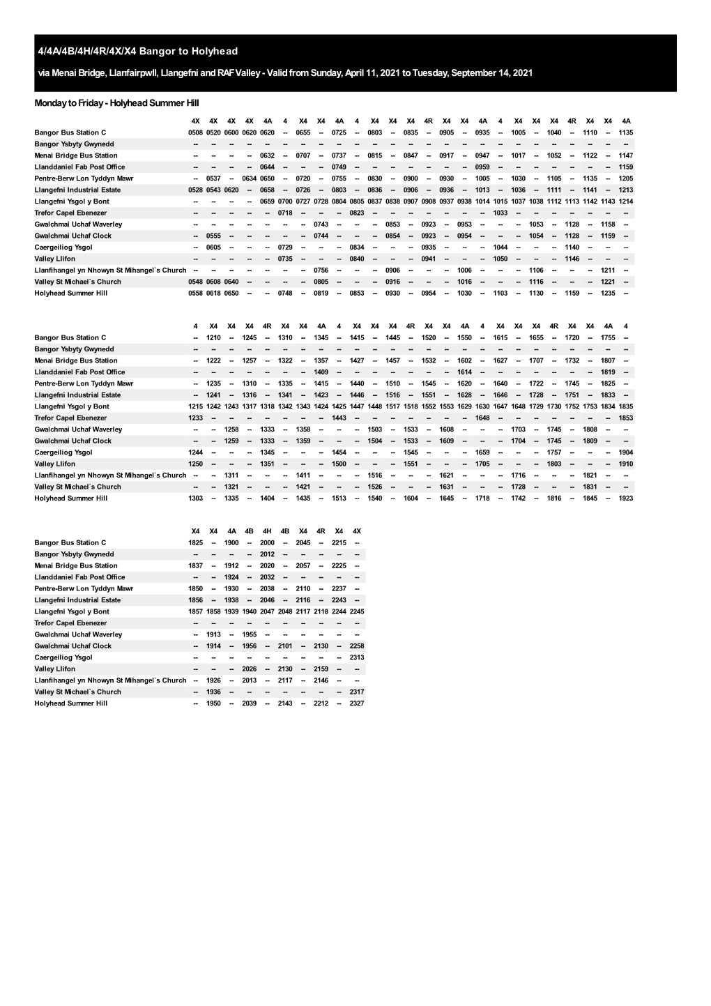 4/4A/4B/4H/4R/4X/X4 Bangor to Holyhead Via Menai Bridge, Llanfairpwll, Llangefni and RAF Valley - Valid from Sunday, April 11, 2021 to Tuesday, September 14, 2021