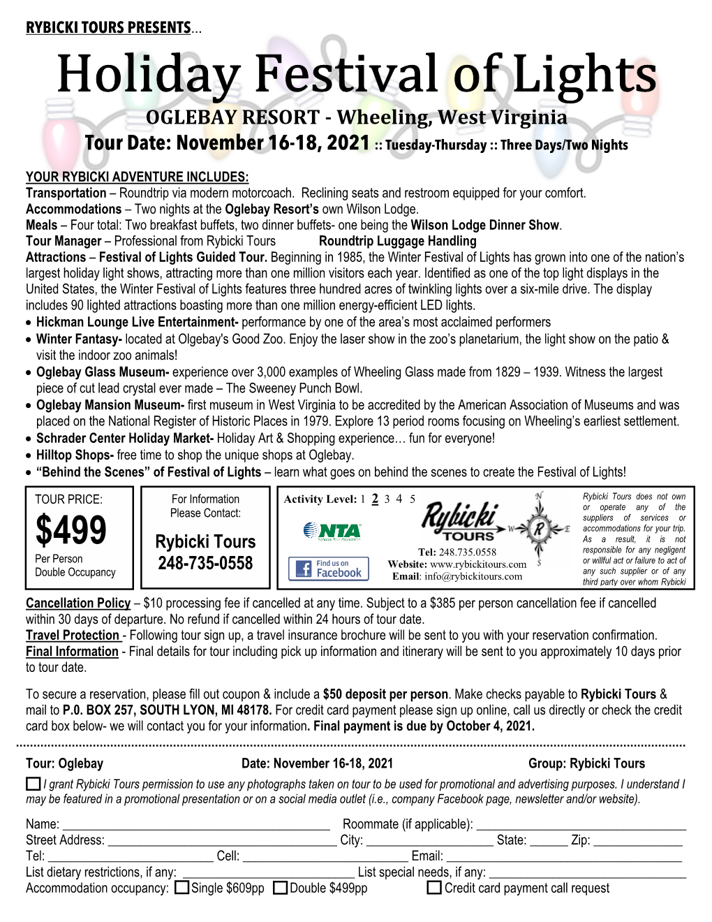 Holiday Festival of Lights OGLEBAY RESORT - Wheeling, West Virginia Tour Date: November 16-18, 2021 :: Tuesday-Thursday :: Three Days/Two Nights