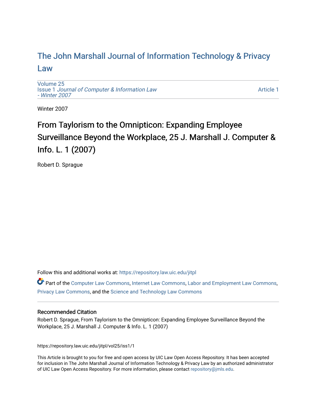 From Taylorism to the Omnipticon: Expanding Employee Surveillance Beyond the Workplace, 25 J