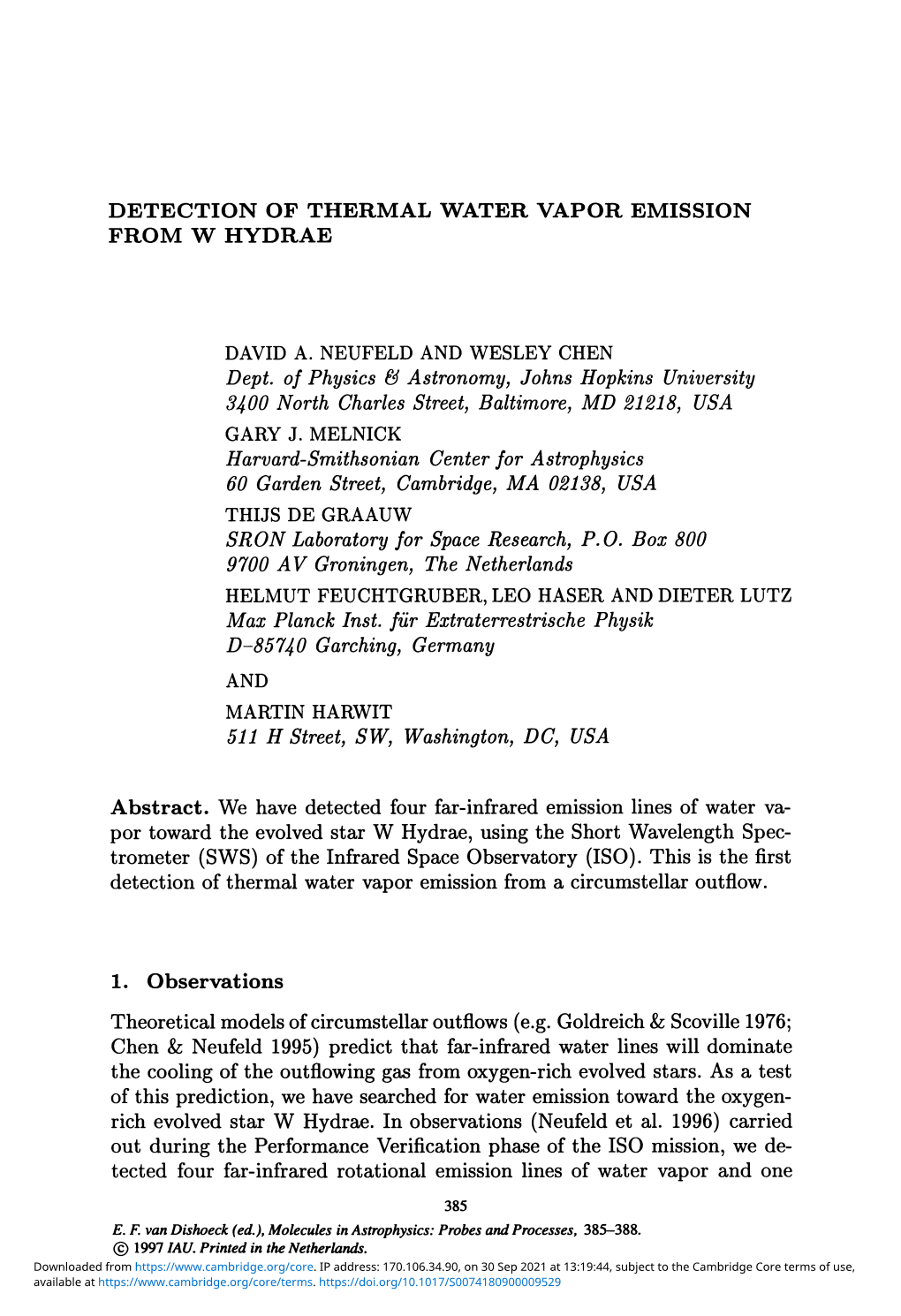 Detection of Thermal Water Vapor Emission from W Hydrae