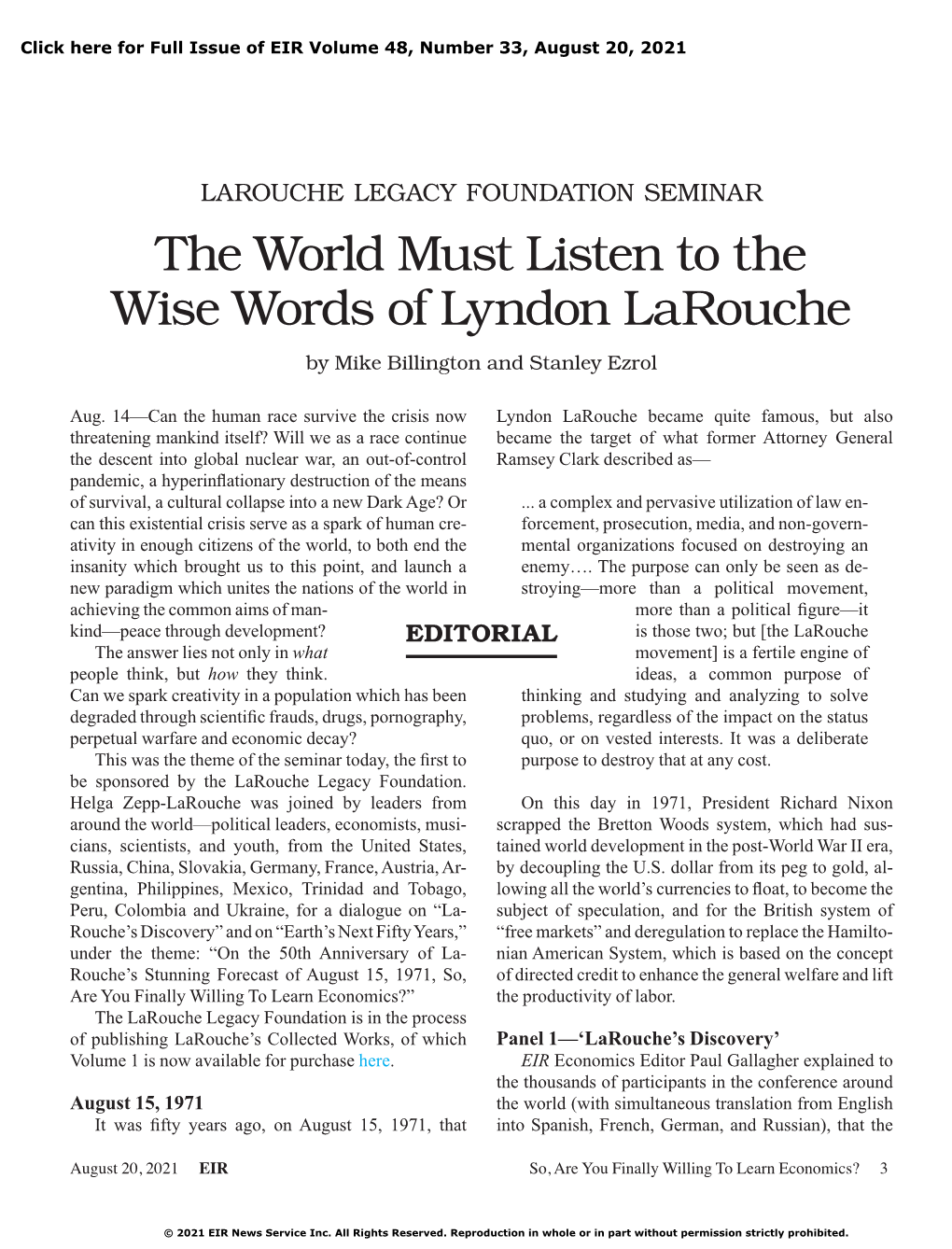 The World Must Listen to the Wise Words of Lyndon Larouche by Mike Billington and Stanley Ezrol
