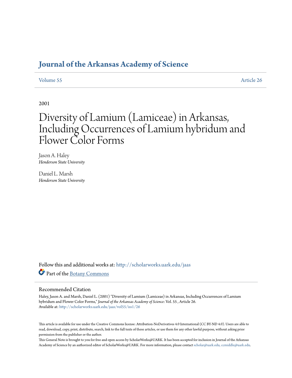 Diversity of Lamium (Lamiceae) in Arkansas, Including Occurrences of Lamium Hybridum and Flower Color Forms Jason A