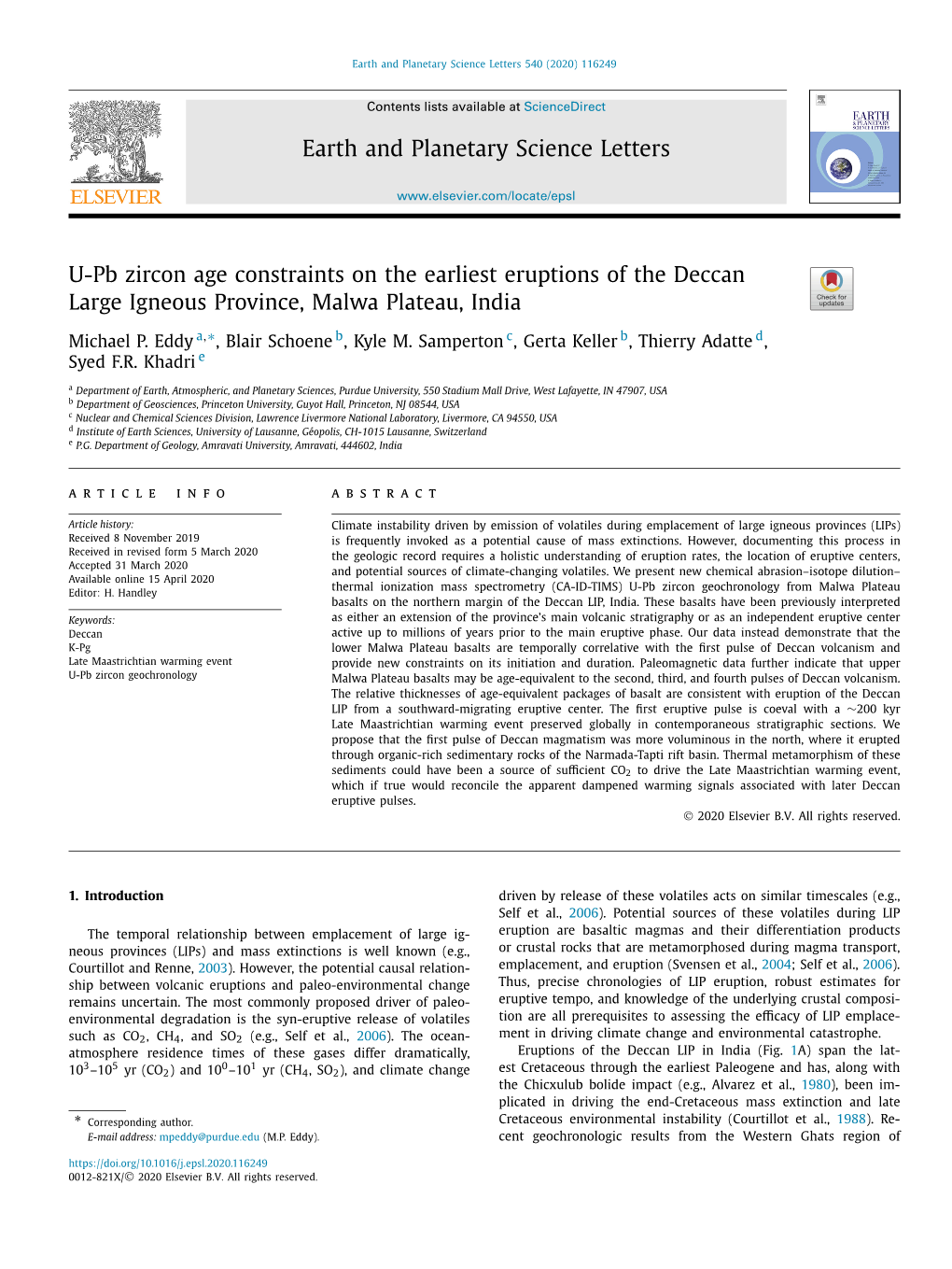 U-Pb Zircon Age Constraints on the Earliest Eruptions of the Deccan Large Igneous Province, Malwa Plateau, India ∗ Michael P