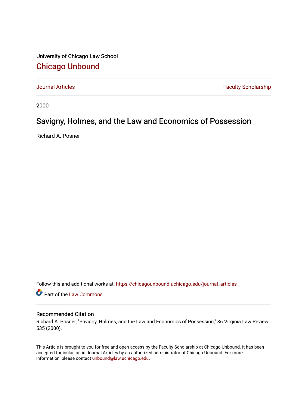 Savigny, Holmes, and the Law and Economics of Possession