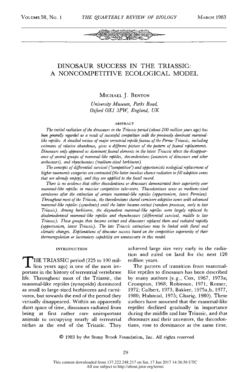 DINOSAUR SUCCESS in the TRIASSIC: a NONCOMPETITIVE ECOLOGICAL MODEL This Content Downloaded from 137.222.248.217 on Sat, 17