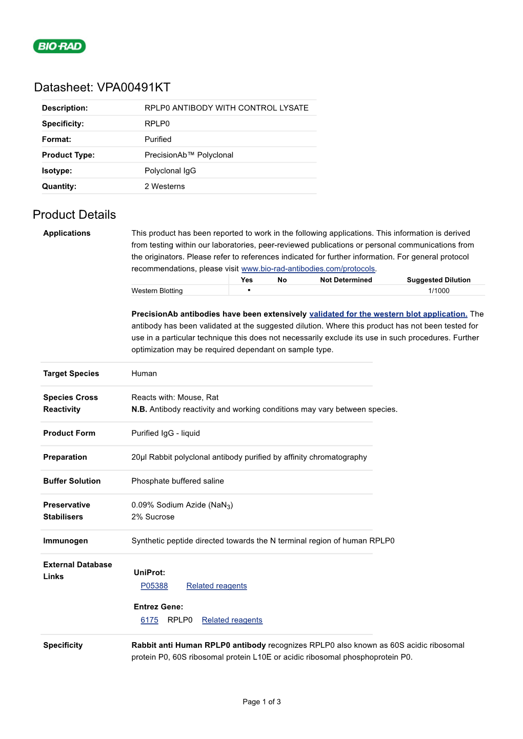 Datasheet: VPA00491KT Product Details