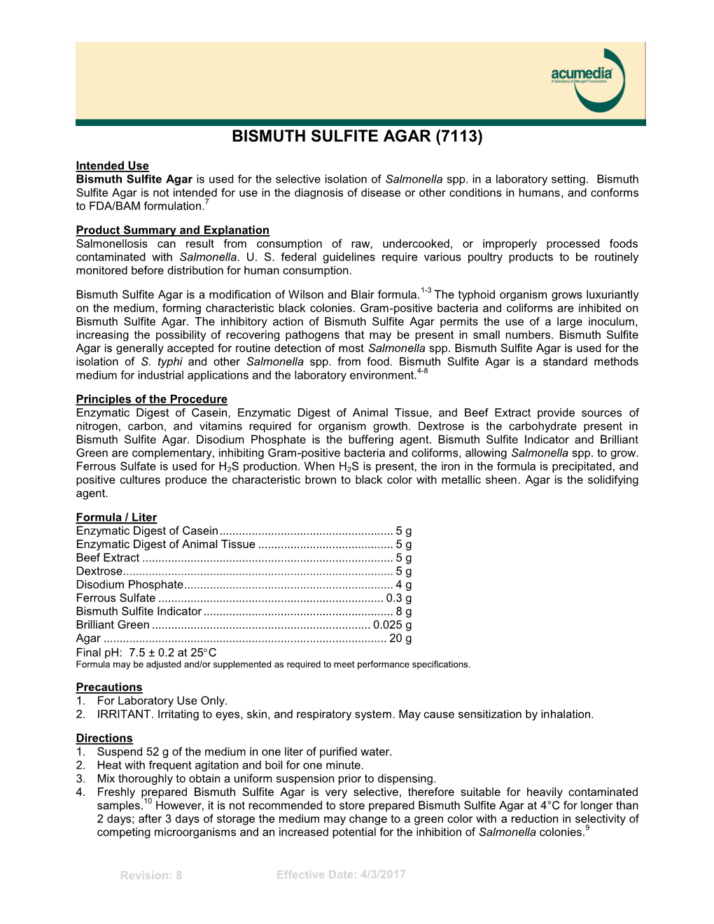 Bismuth Sulfite Agar, Product Information