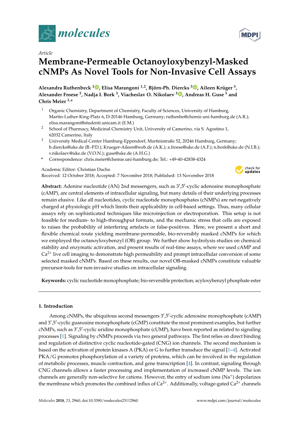 Membrane-Permeable Octanoyloxybenzyl-Masked Cnmps As Novel Tools for Non-Invasive Cell Assays