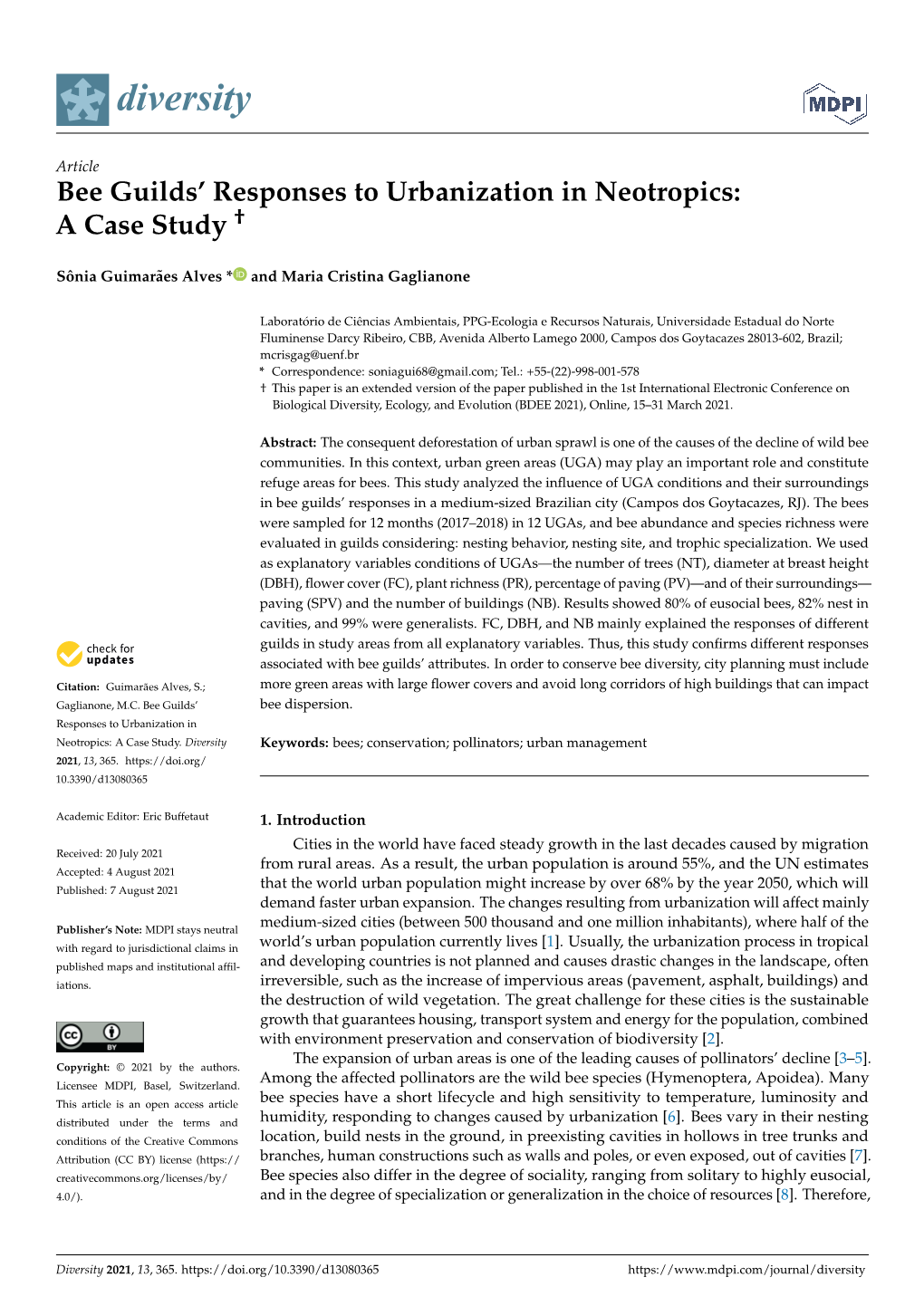 Bee Guilds' Responses to Urbanization in Neotropics: a Case