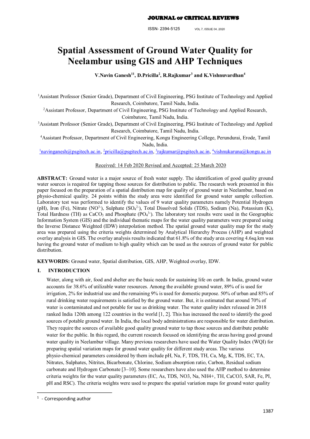 Spatial Assessment of Ground Water Quality for Neelambur Using GIS and AHP Techniques