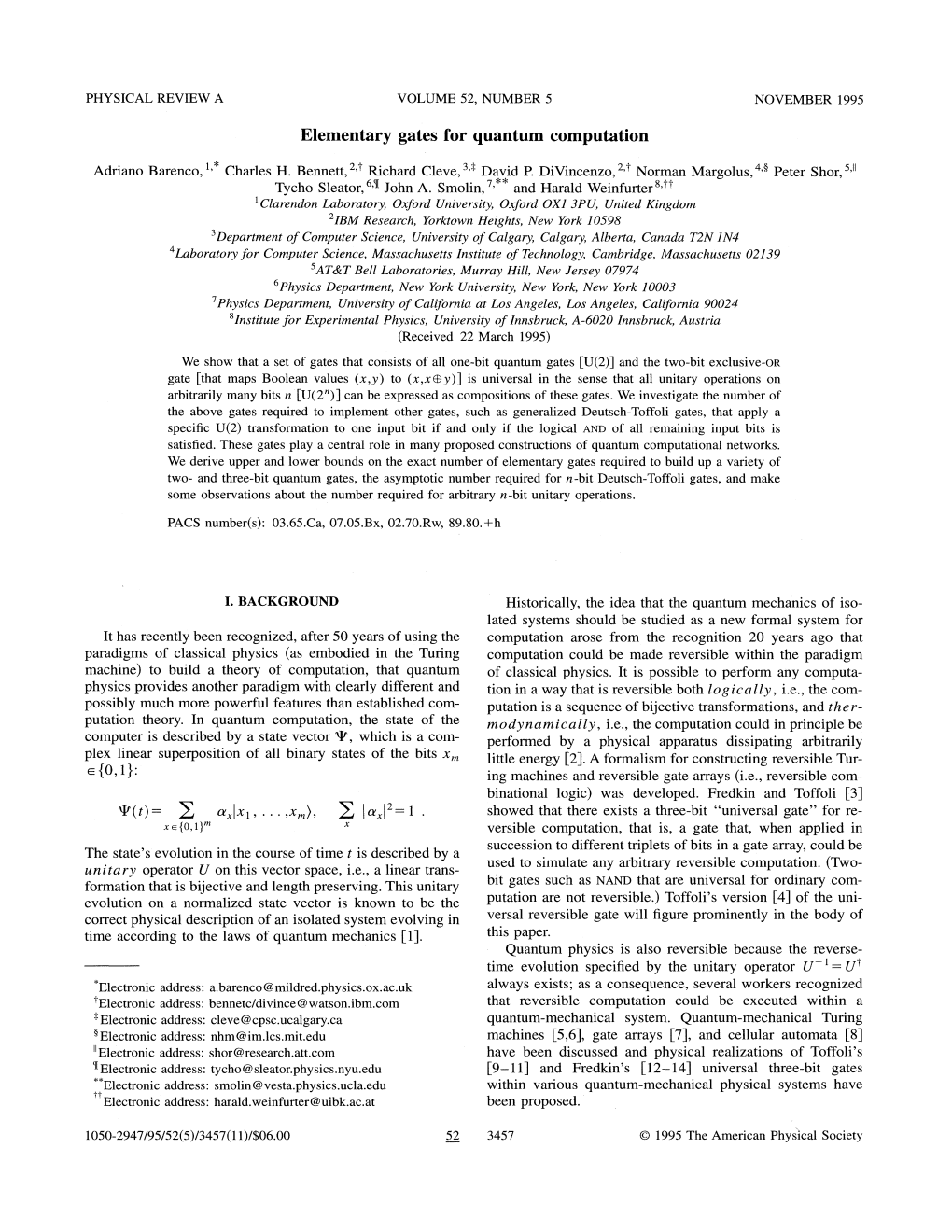 Elementary Gates for Quantum Computation