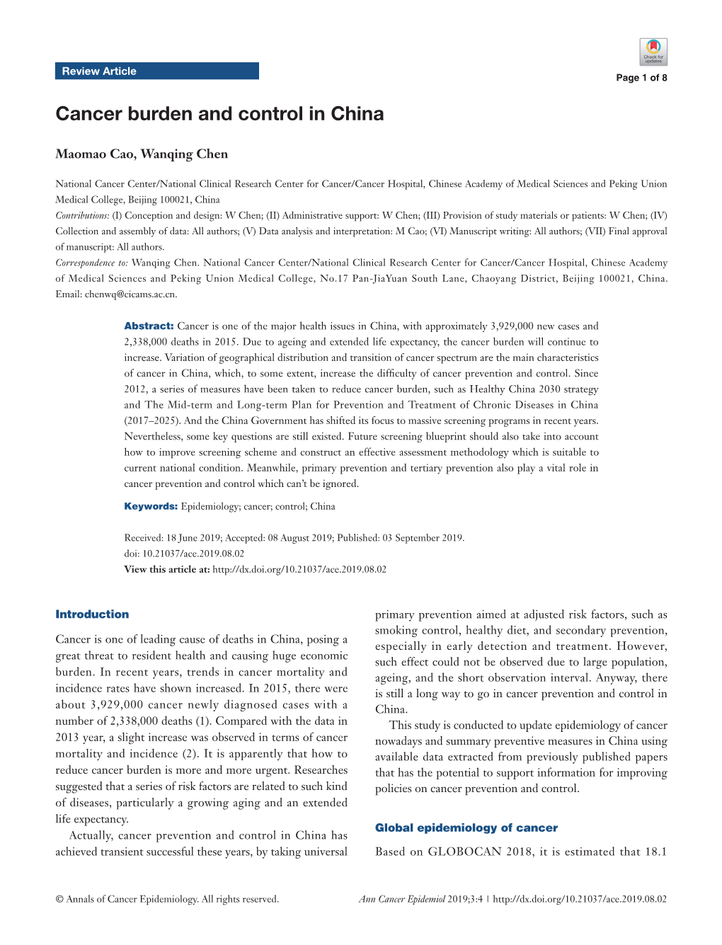 Cancer Burden and Control in China