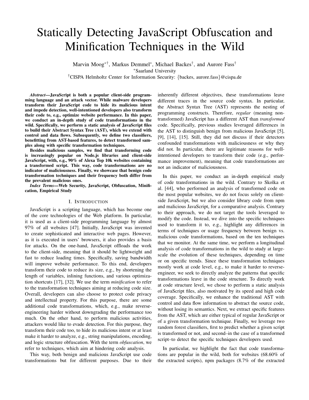 Statically Detecting Javascript Obfuscation and Minification Techniques in the Wild