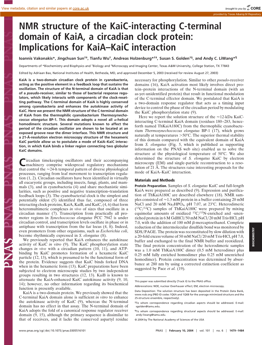 NMR Structure of the Kaic-Interacting C-Terminal Domain of Kaia, a Circadian Clock Protein: Implications for Kaia–Kaic Interaction