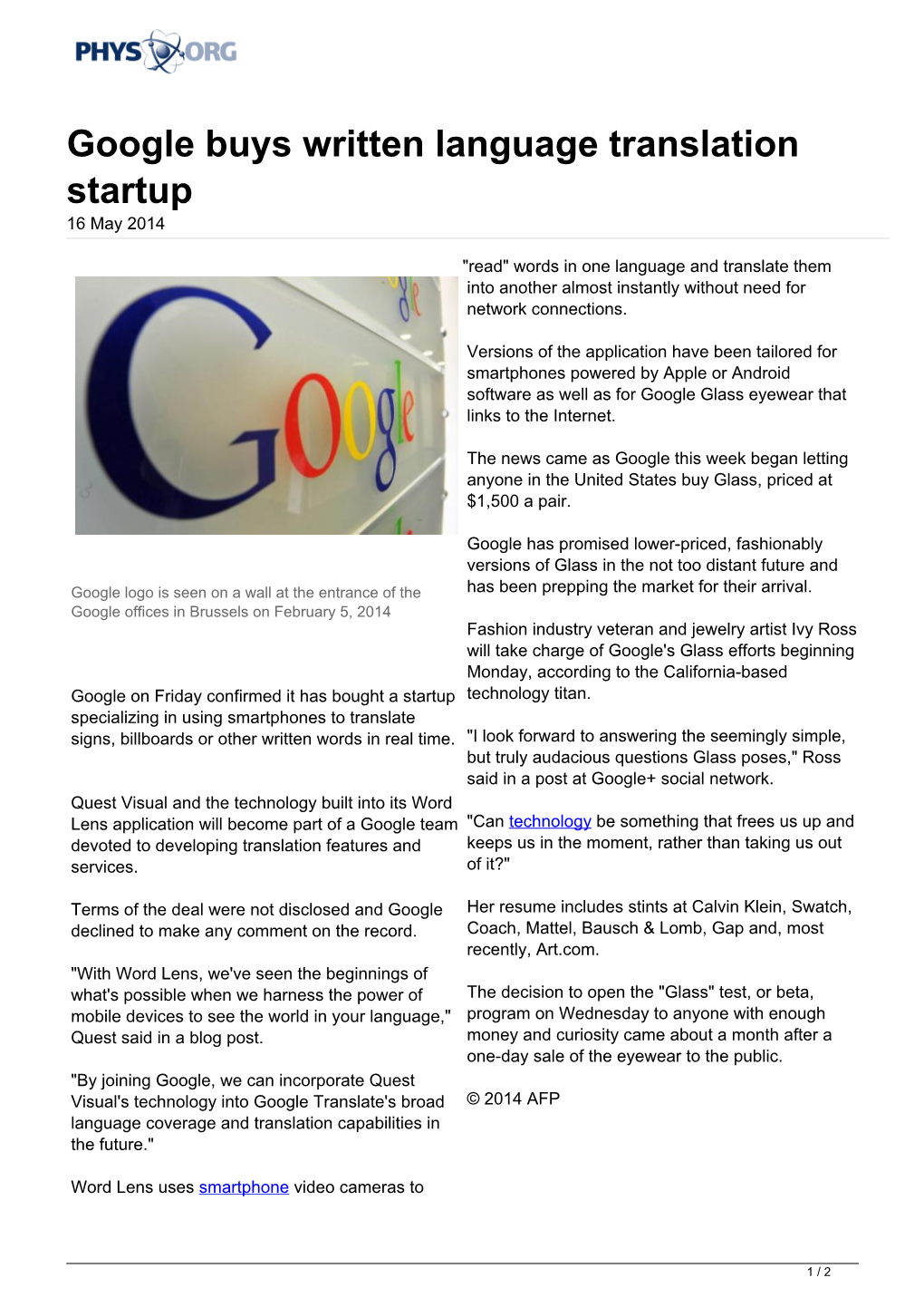 Google Buys Written Language Translation Startup 16 May 2014