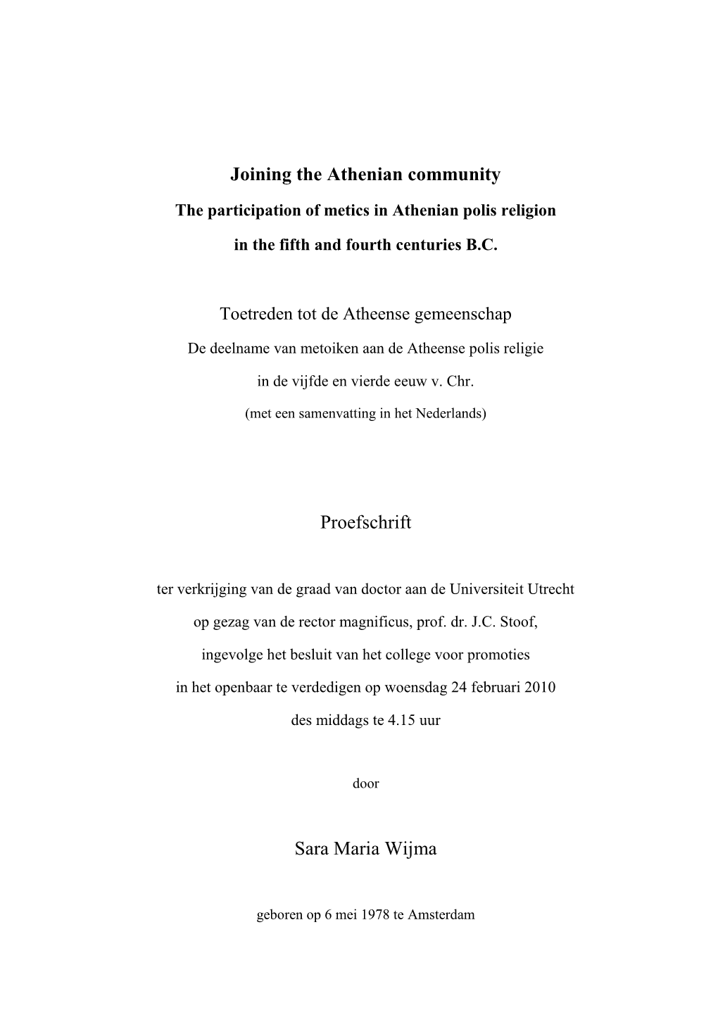 Joining the Athenian Community Proefschrift Sara Maria Wijma