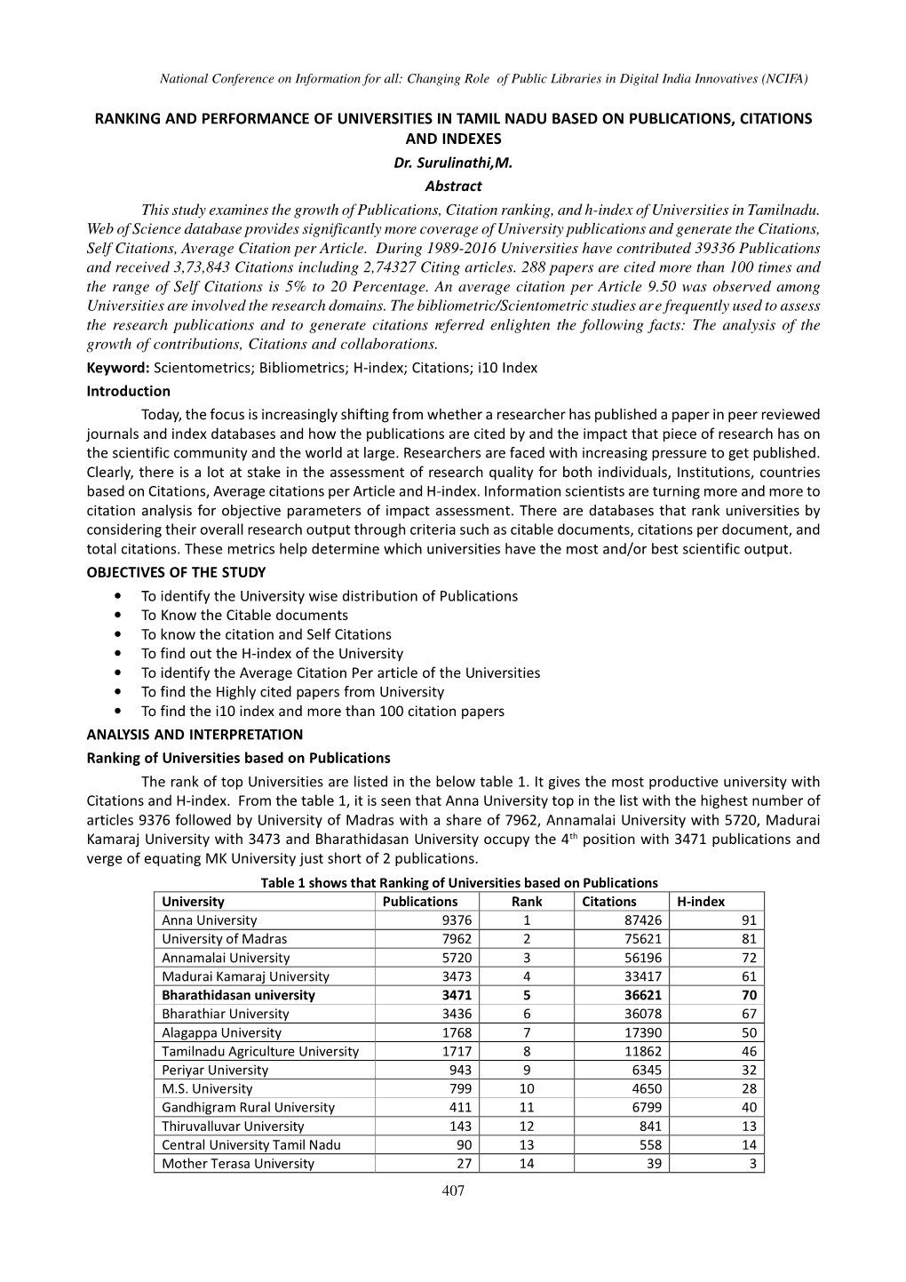 RANKING and PERFORMANCE of UNIVERSITIES in TAMIL NADU BASED on PUBLICATIONS, CITATIONS and INDEXES Dr