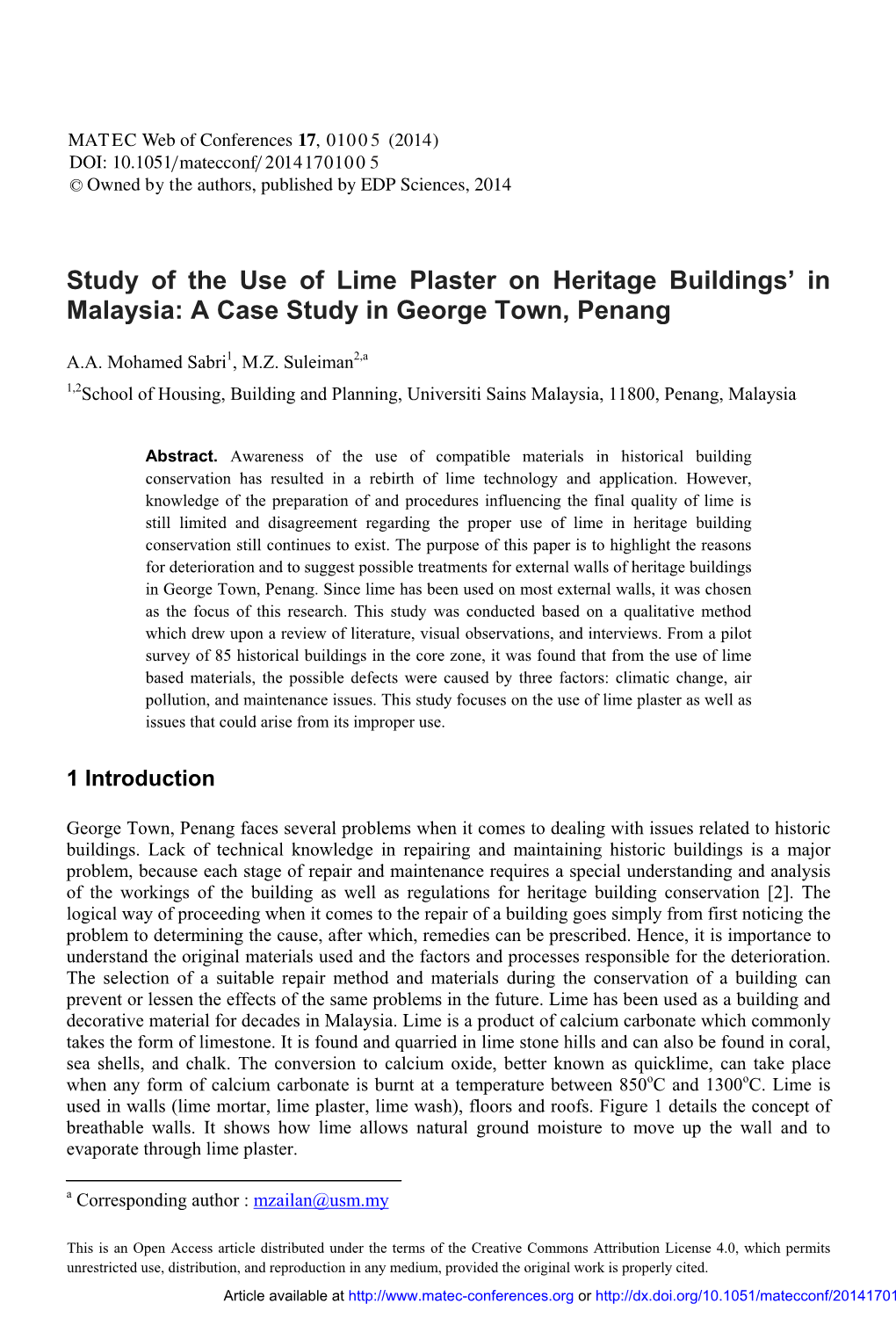 Study of the Use of Lime Plaster on Heritage Buildings' in Malaysia