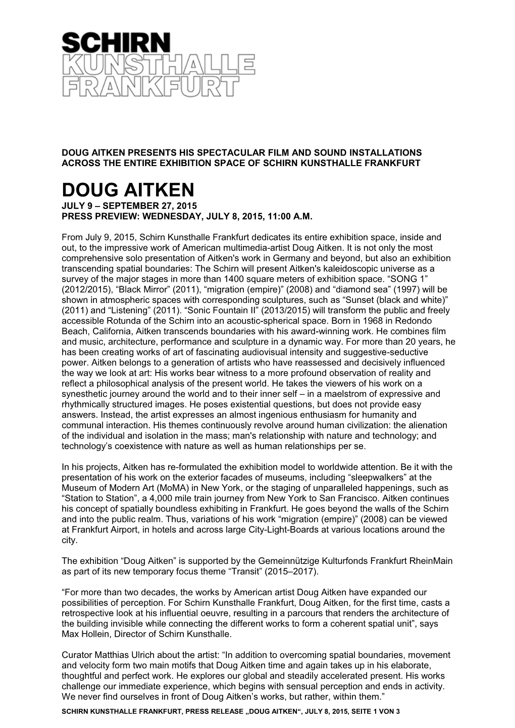 Press Release „Doug Aitken“, July 8, 2015, Seite 1 Von 3