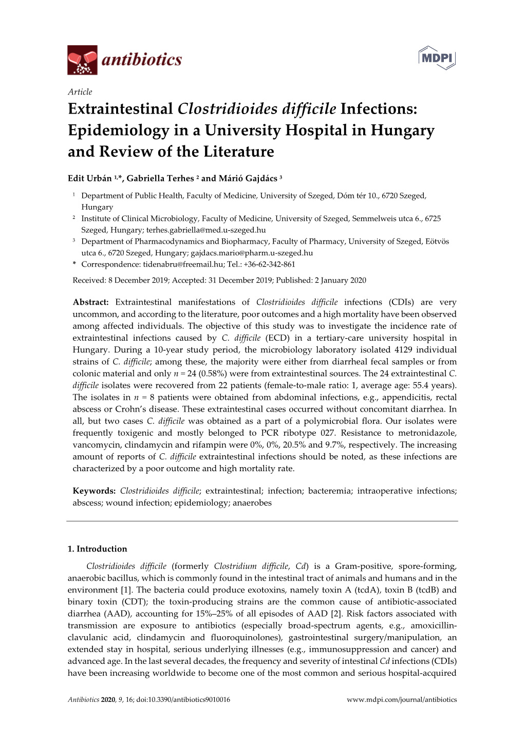 Extraintestinal Clostridioides Difficile Infections: Epidemiology in a University Hospital in Hungary and Review of the Literature