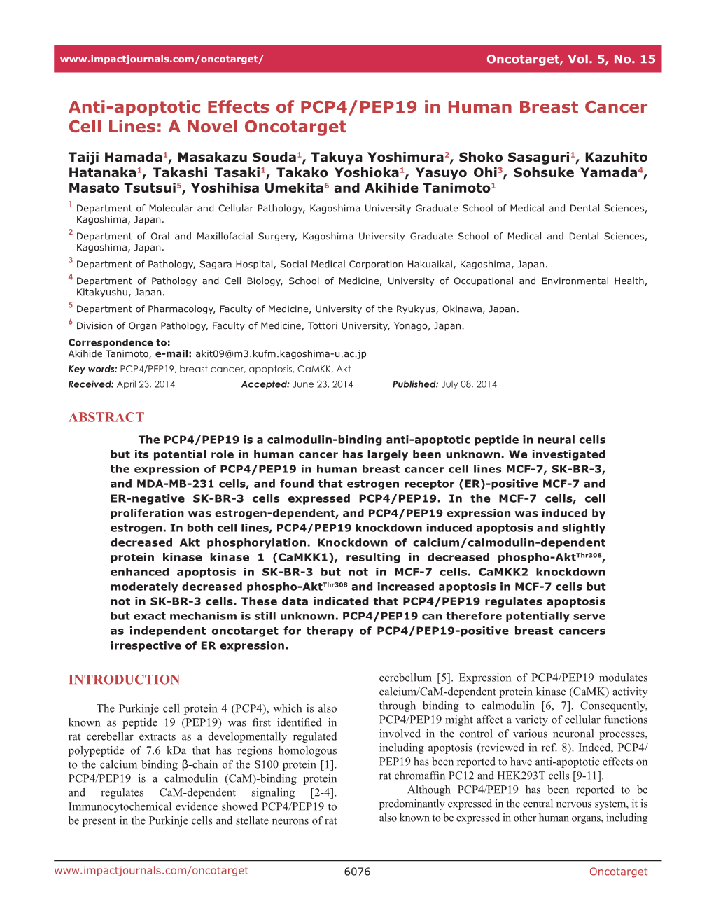 Anti-Apoptotic Effects of PCP4/PEP19 in Human Breast Cancer Cell Lines: a Novel Oncotarget