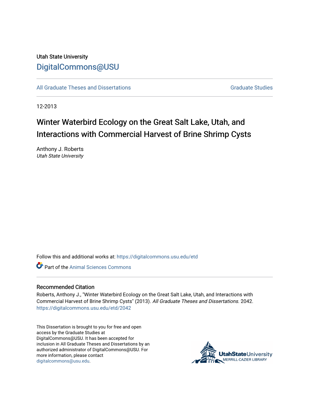 Winter Waterbird Ecology on the Great Salt Lake, Utah, and Interactions with Commercial Harvest of Brine Shrimp Cysts