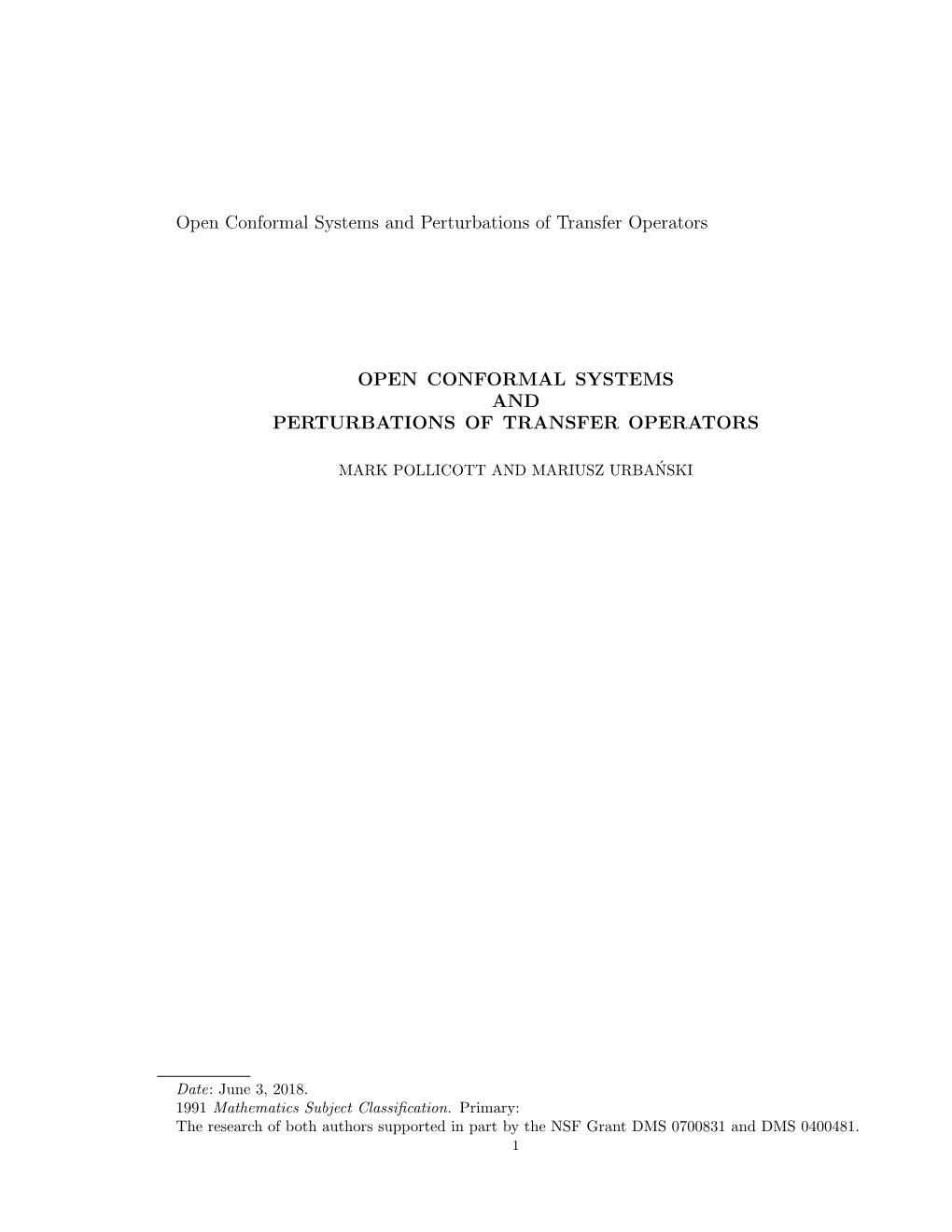 Open Conformal Systems and Perturbations of Transfer Operators