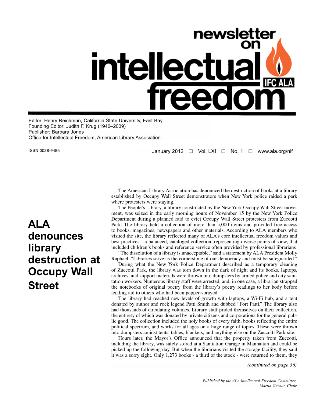 ALA Denounces Library Destruction at Occupy Wall Street