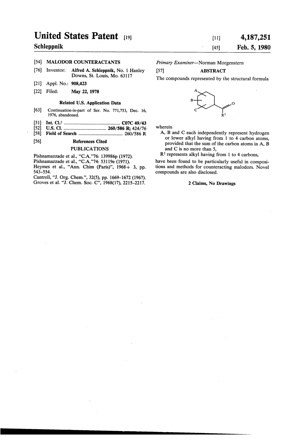 United States Patent (19) 11 4,187,251 Schleppnik 45) Feb