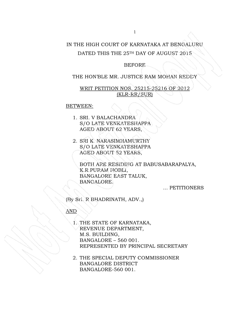 In the High Court of Karnataka at Bengaluru Dated This the 25Th Day of August 2015