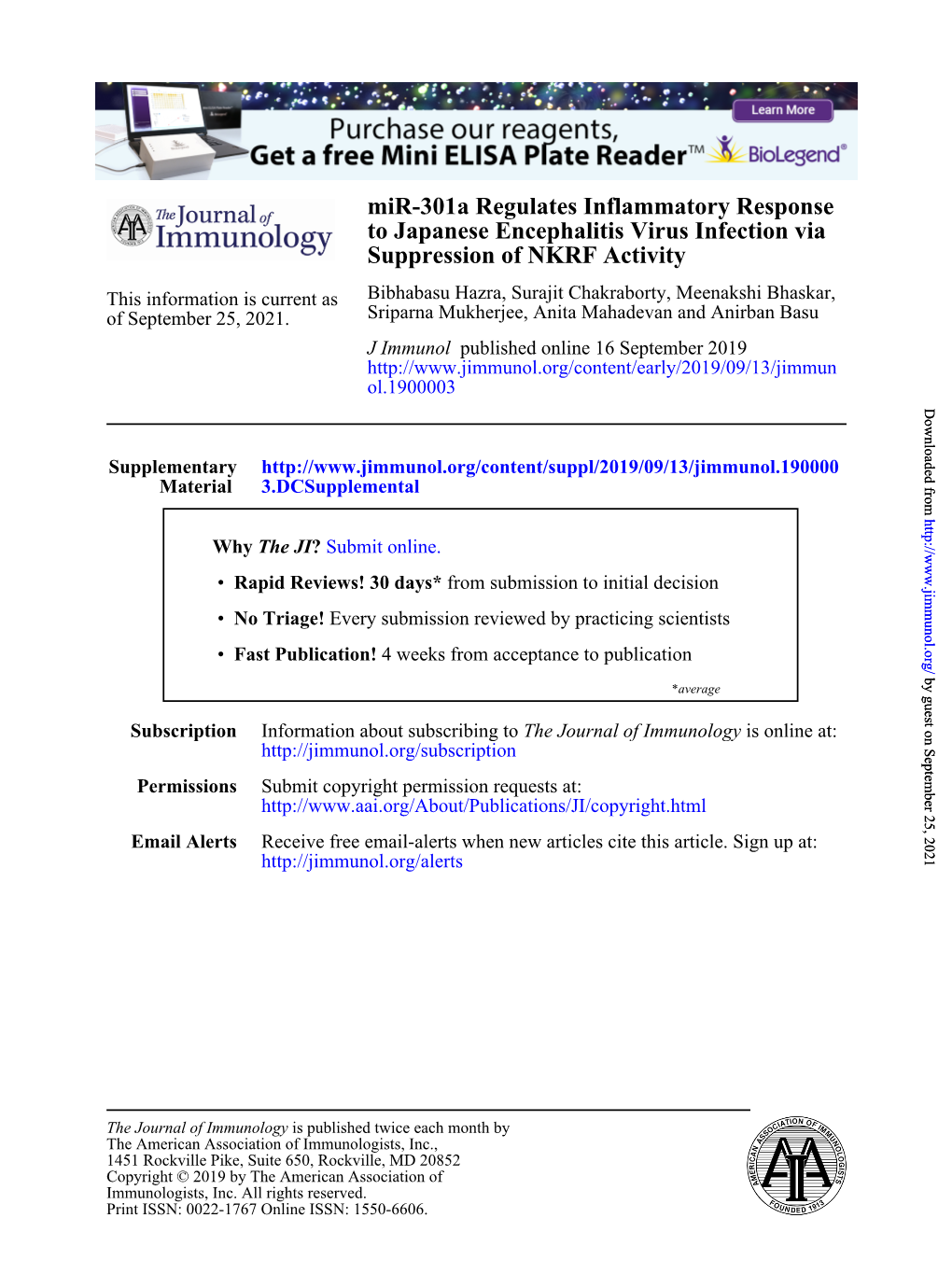 Mir-301A Regulates Inflammatory Response to Japanese Encephalitis Virus Infection Via Suppression of NKRF Activity