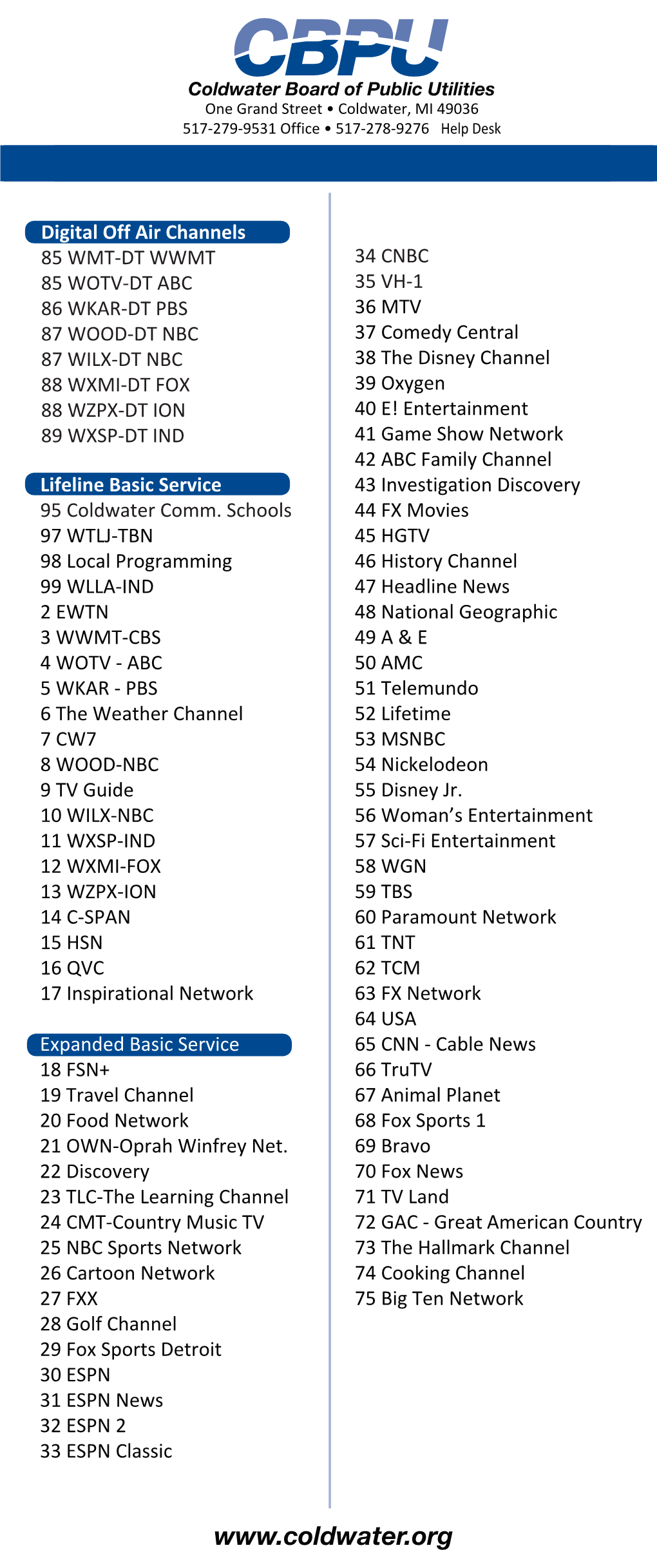 CBPU Channel Lineup