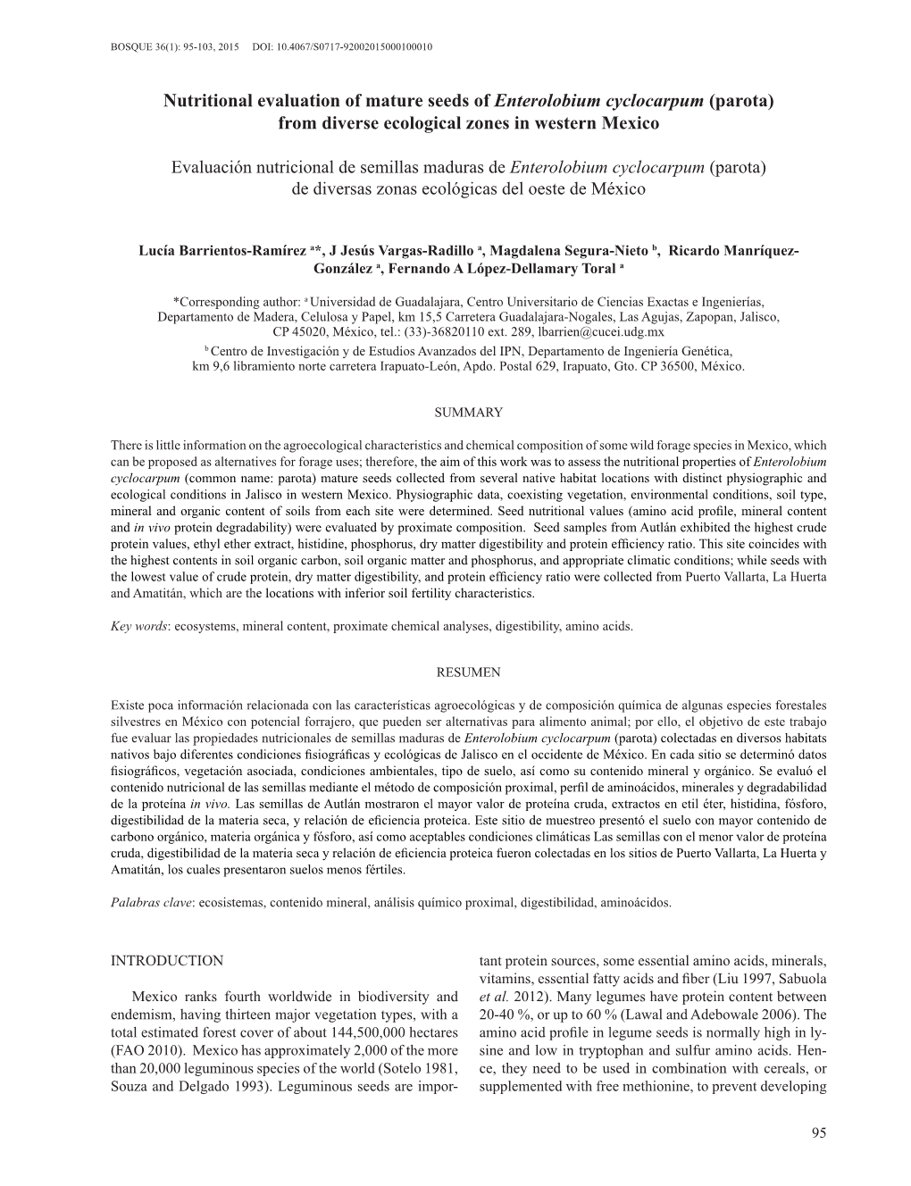 Nutritional Evaluation of Mature Seeds of Enterolobium Cyclocarpum (Parota) from Diverse Ecological Zones in Western Mexico