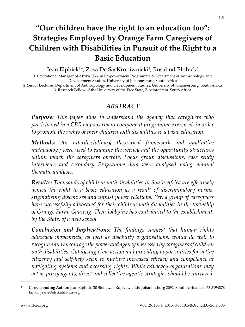 Strategies Employed by Orange Farm Caregivers of Children with Disabiliti