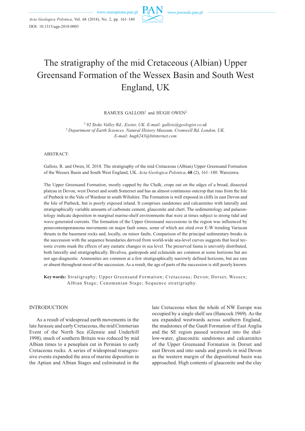 (Albian) Upper Greensand Formation of the Wessex Basin and South West England, UK