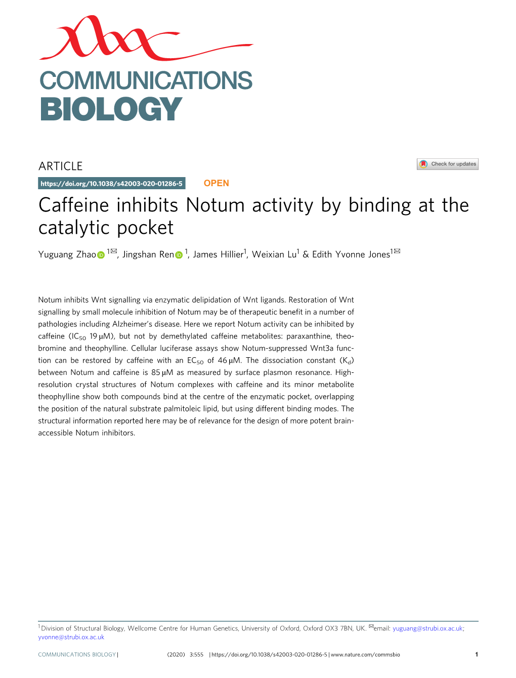 Caffeine Inhibits Notum Activity by Binding at the Catalytic Pocket