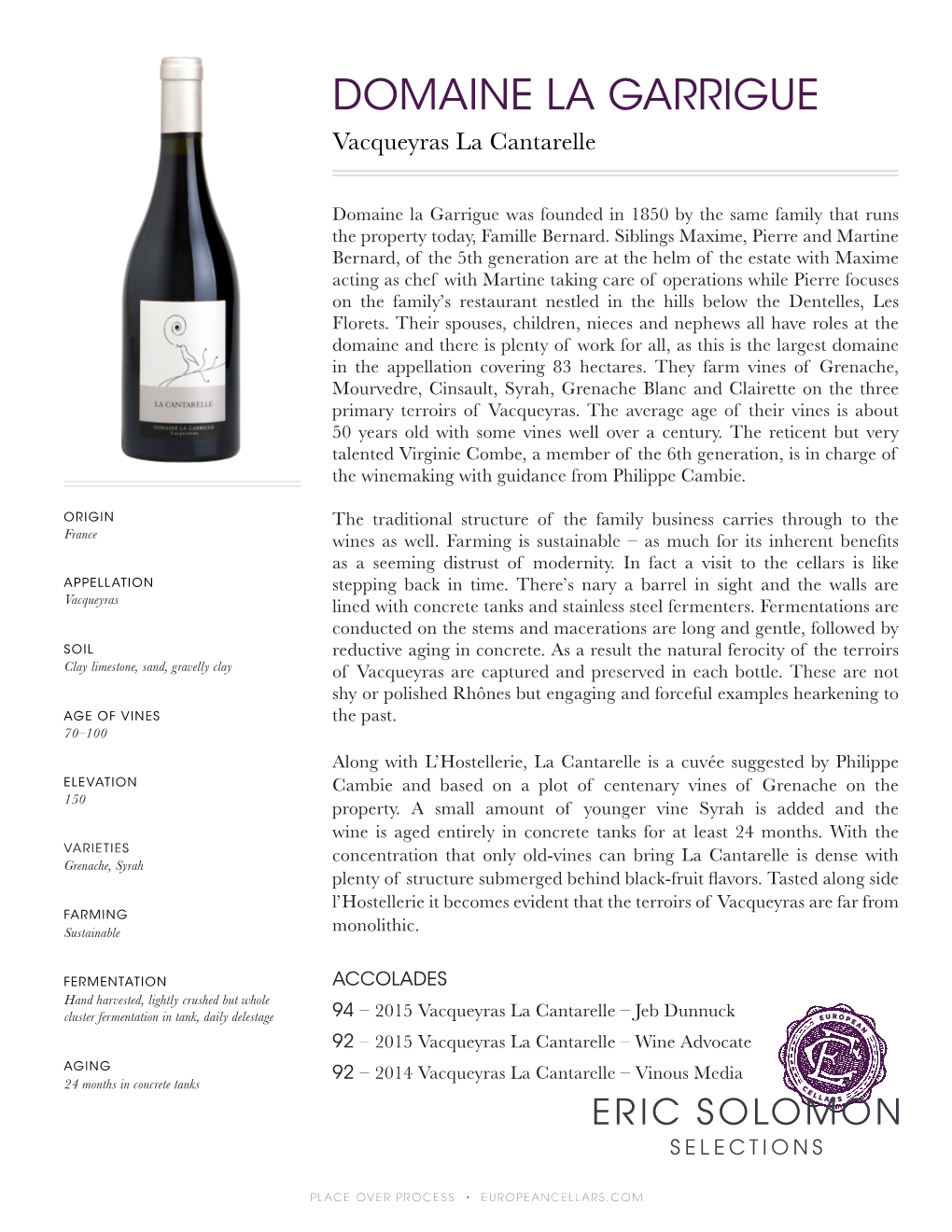 DOMAINE LA GARRIGUE Vacqueyras La Cantarelle