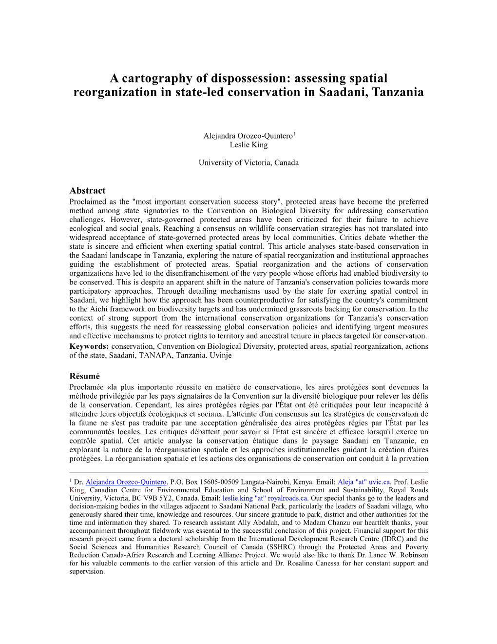 Assessing Spatial Reorganization in State-Led Conservation in Saadani, Tanzania