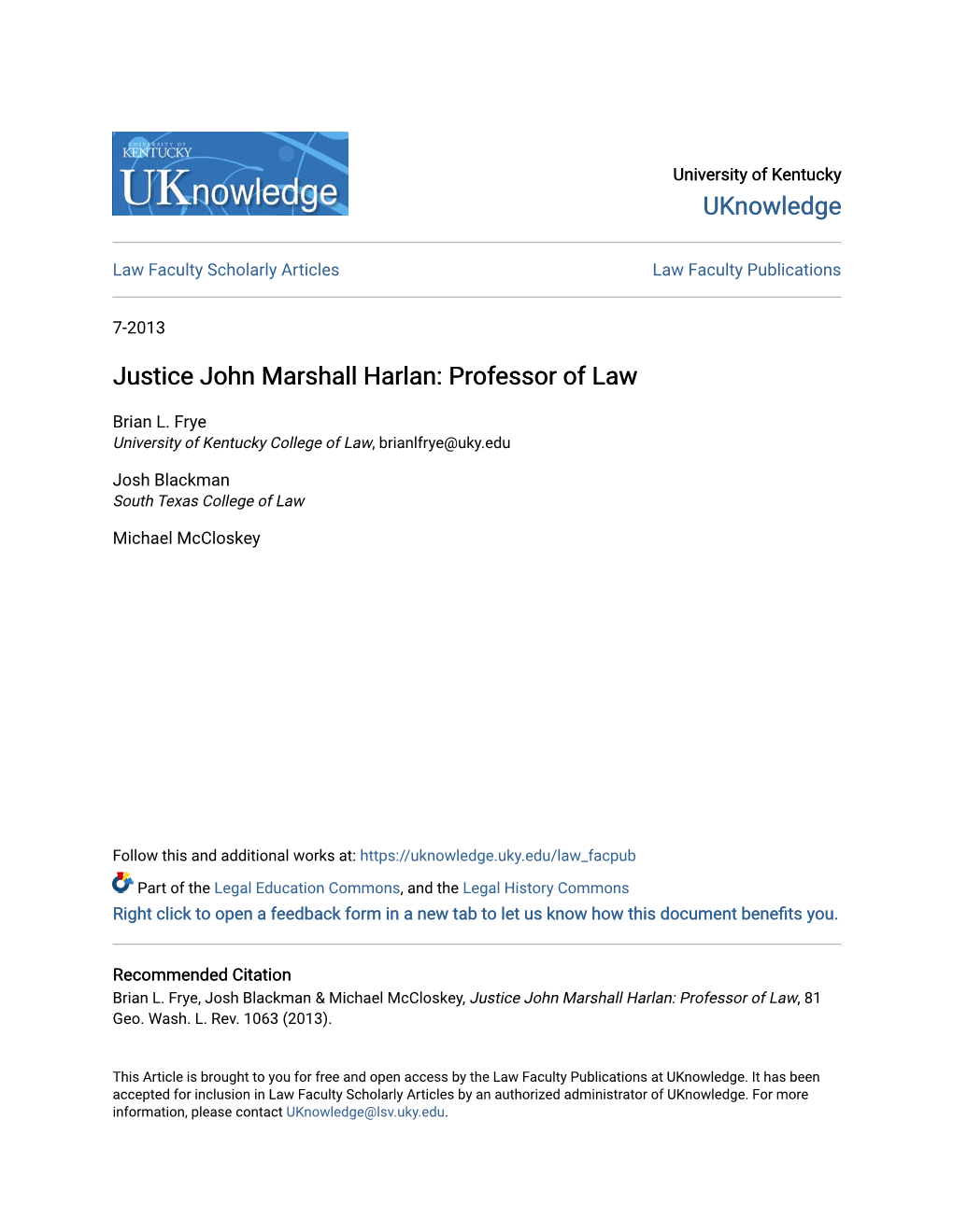 Justice John Marshall Harlan: Professor of Law