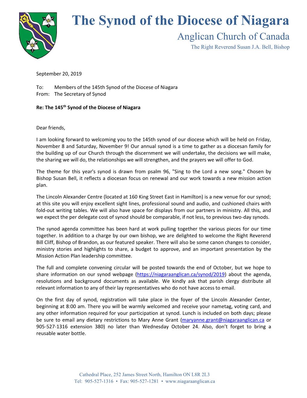 Secretary of Synod's Welcome Letter