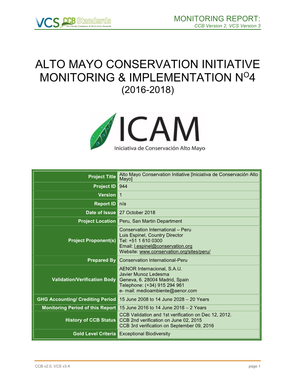 Alto Mayo Conservation Initiative Monitoring & Implementation No4 (2016-2018)