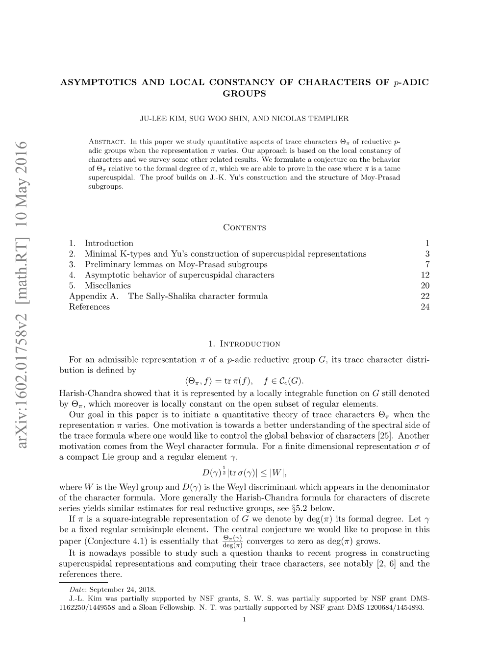 Arxiv:1602.01758V2 [Math.RT] 10 May 2016 Ae Cnetr .)I Setal That Conjectur Essentially Central Is the 4.1) Element