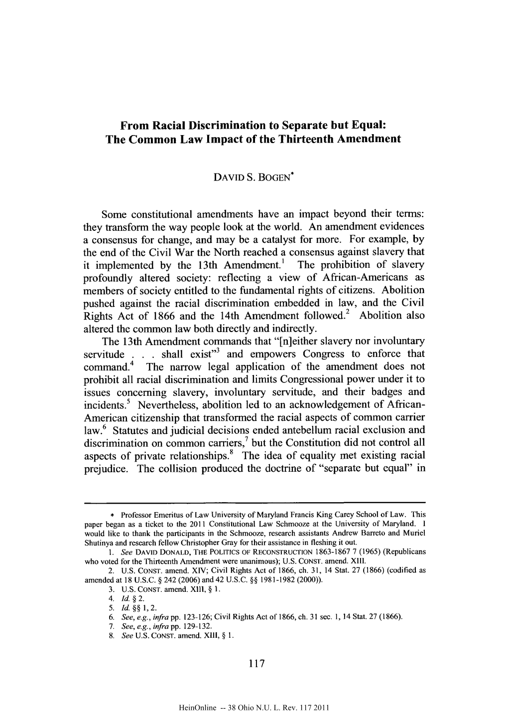 From Racial Discrimination to Separate but Equal: the Common Law Impact of the Thirteenth Amendment