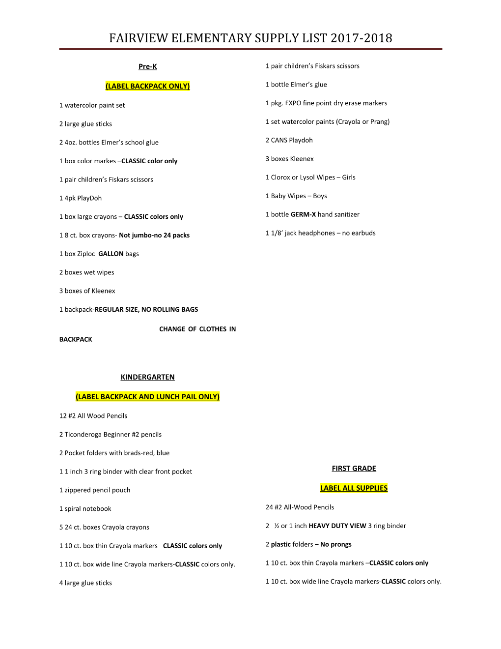 Fairview Elementary Supply List 2017-2018