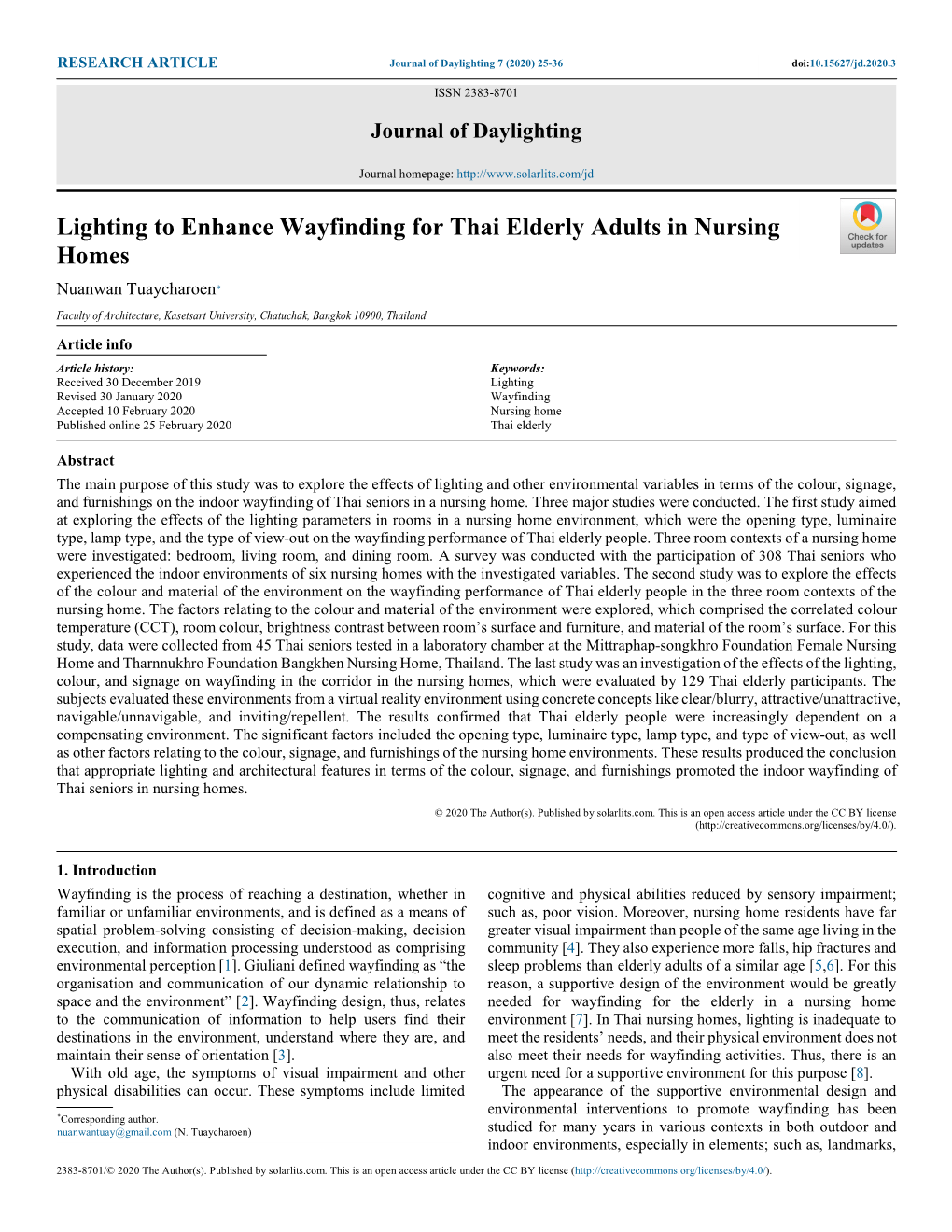 Lighting to Enhance Wayfinding for Thai Elderly Adults in Nursing Homes