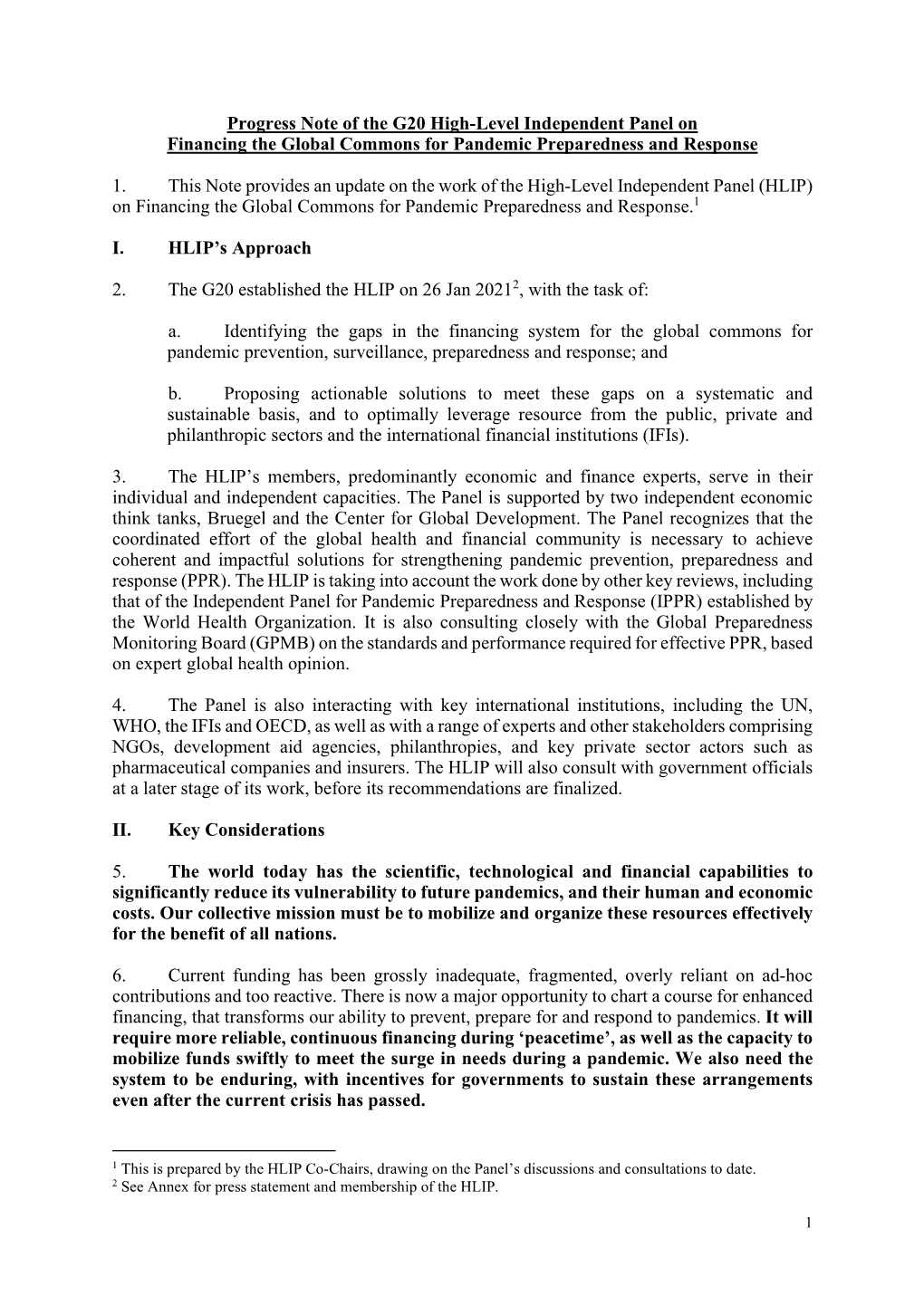 Progress Note of the G20 High-Level Independent Panel on Financing the Global Commons for Pandemic Preparedness and Response