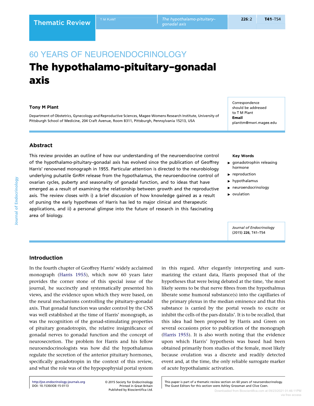 The Hypothalamo-Pituitary–Gonadal Axis