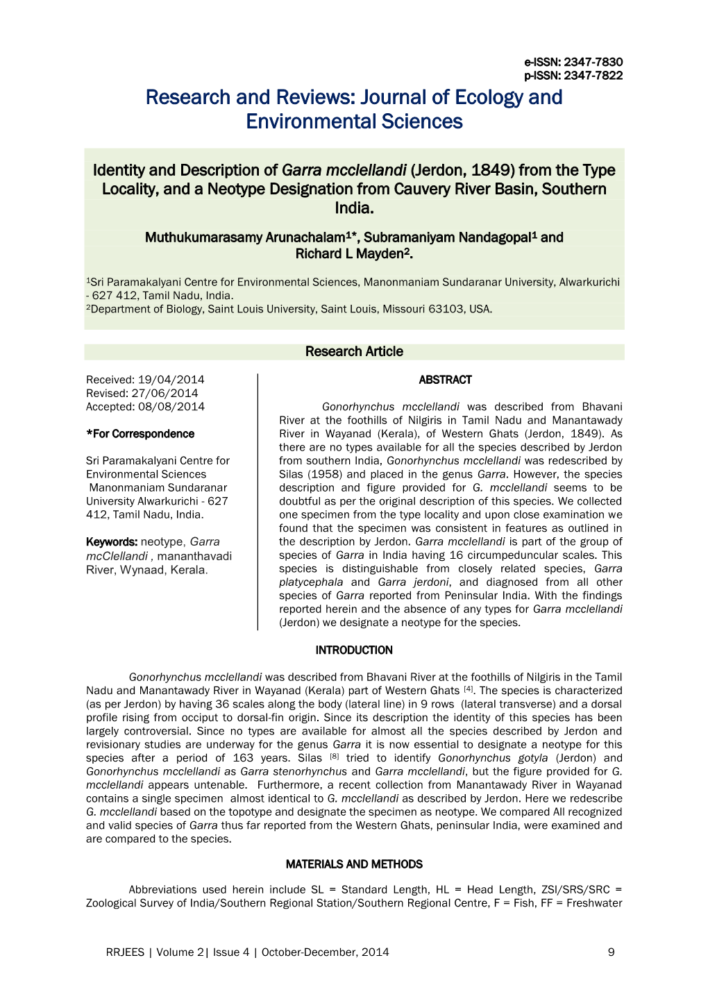 Journal of Ecology and Environmental Sciences