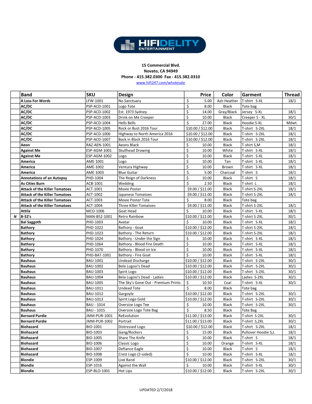 Band SKU Design Price Color Garment Thread